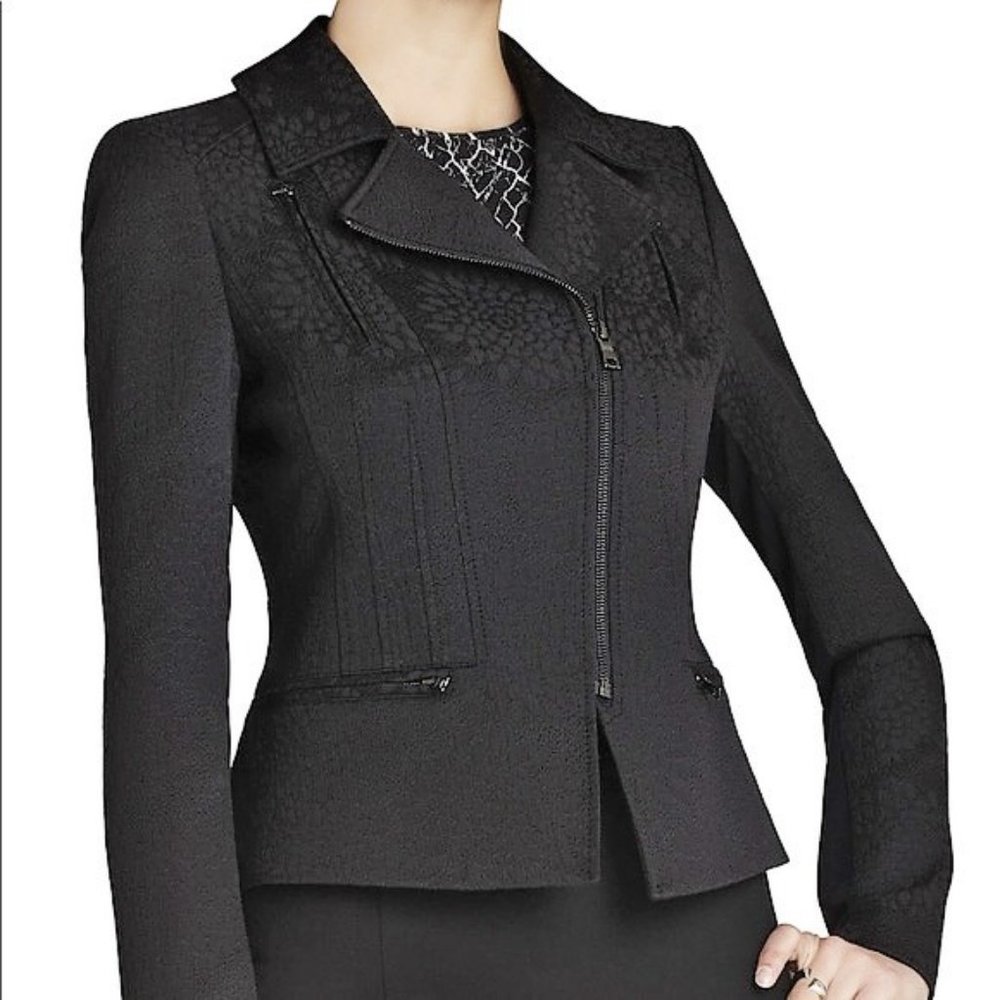BCBGMAXAZRIA Floral Jacquard "Boe" Multi-Zippered Peplum Black Moto Jacket - XXS
